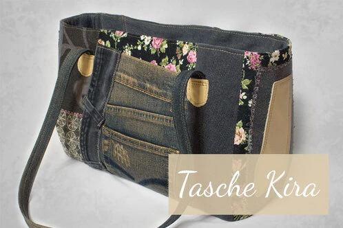 Tasche aus blauem Jeansstoff mit Rosenmuster