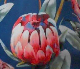 Blaues Wickelkleid mit rotem Blütenmuster